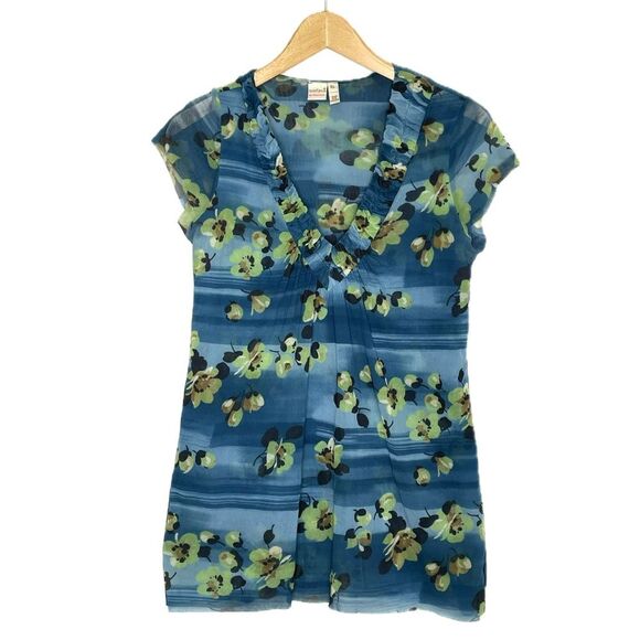 Sweet Pea Floral Double Mesh Tee Size XL Cap Sleeve Ruched Ruffle Deep V Neck - Picture 3 of 12